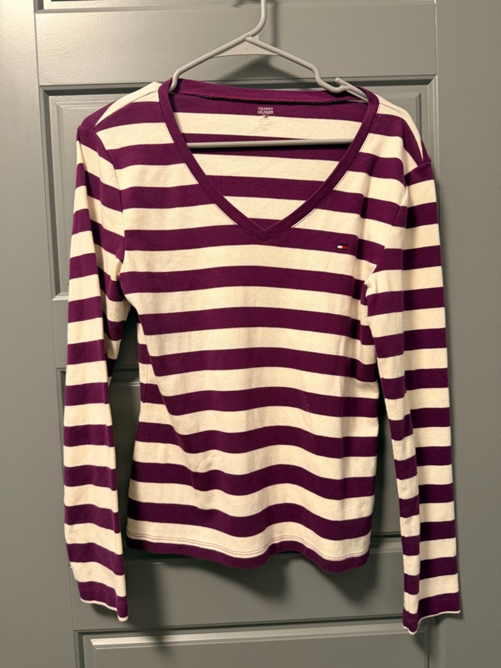 Tommy Hilfiger Deep Purple & Cream Striped V-Neck Long Sleeve Top